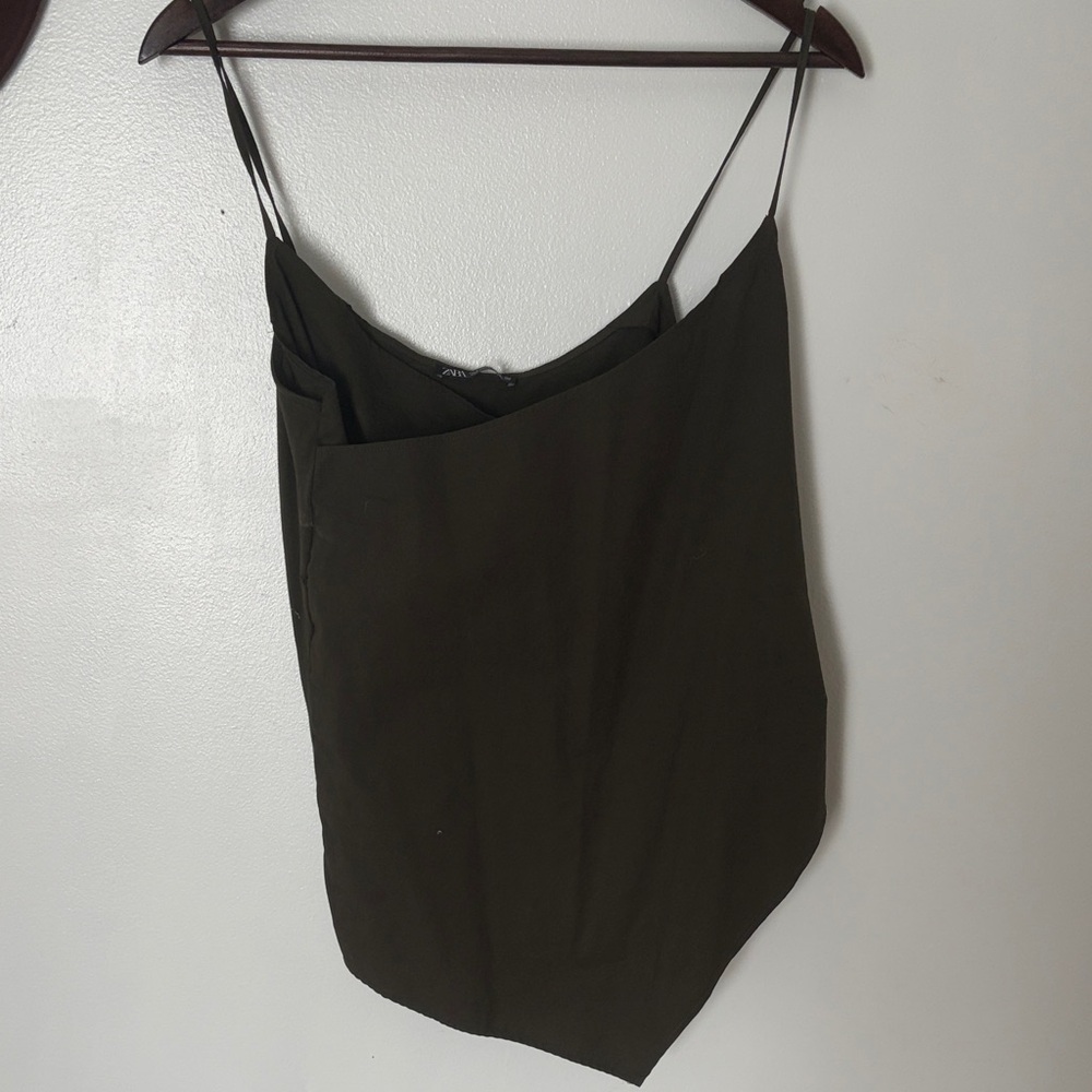 Zara Olive Green Asymmetric Cami Top with Spaghetti Straps